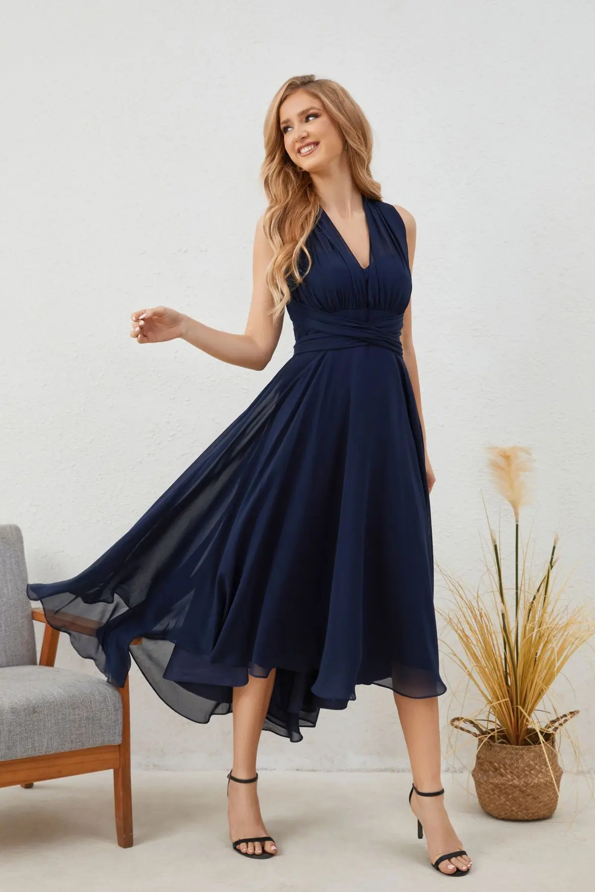 ALine Blue Wedding Guest Dresses Convertible Infinity Mother Dress Formal Tea Length One Shoulder Chiffon Multiway Maxi 240401