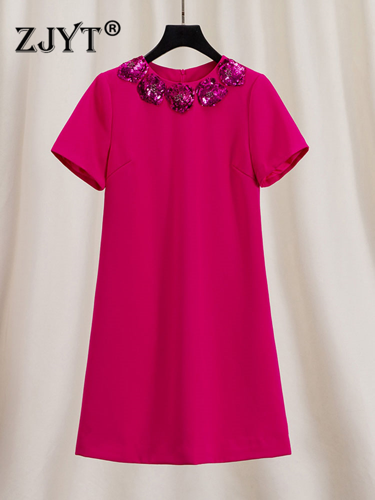 ZJYT Runway Designer Summer Dresses for Women Sequined Floral Party Short Sleeve Simple Vestidos De Fiesta Loose Casual Robe