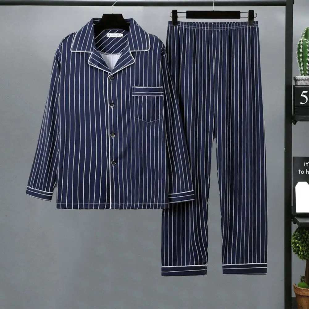 2PcsSet Men Fall Winter Pajamas Set Striped Plaid Print Lapel Long Sleeve Wide Leg Homewear Clothes Shirt Pants 241111
