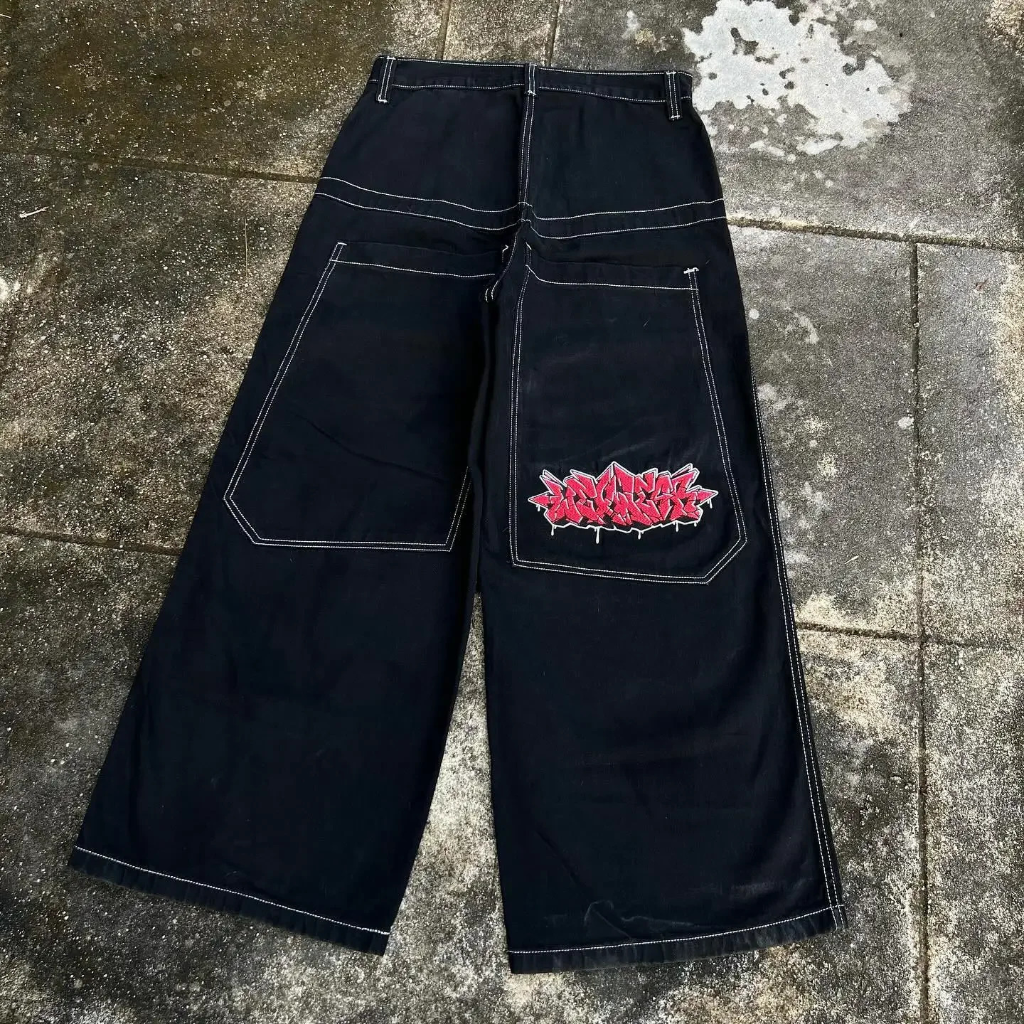 Retro High Waist Wide Graphic Embroidered Baggy Jeans Hip Hop Streetwear Y2K Men Women Gothic Trouser Harajuku Black Pants 241111