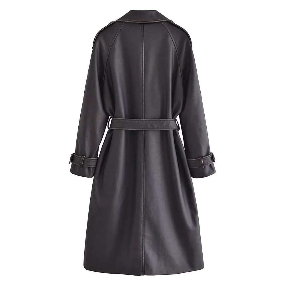 shanshi leather jacket women Fashionable French style women's clothing with vintage washed faux leather buckle long windbreaker belt