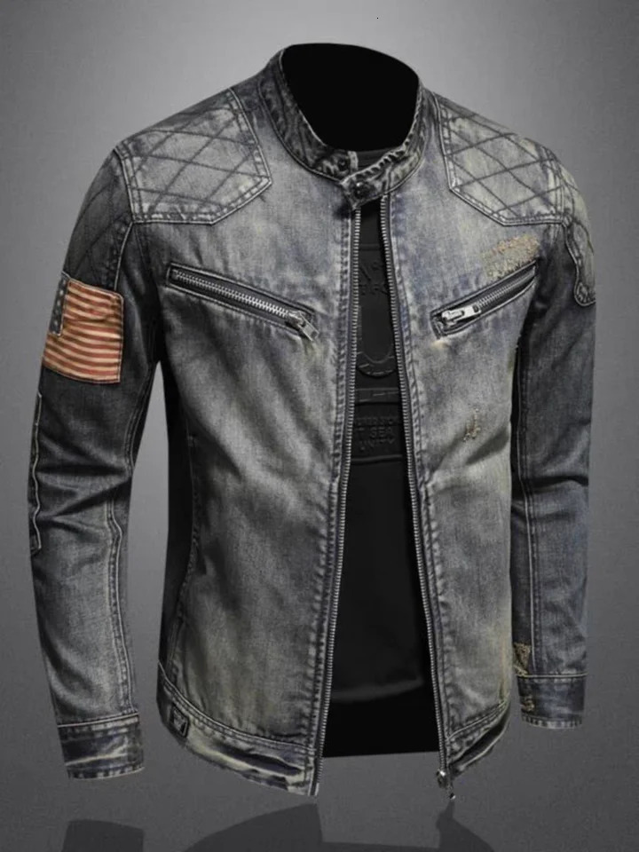 mens denim jacket trend retro fashion casual stand up collar zipper jacket handmade cyclist clothing denim top 241108