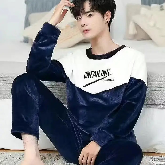 Cartoon Winter Pyjamas Sets Gent Long Sleeve Fashion Casual Sleepwear Round Neck Nightwear Suit Pajamas for Men 241111