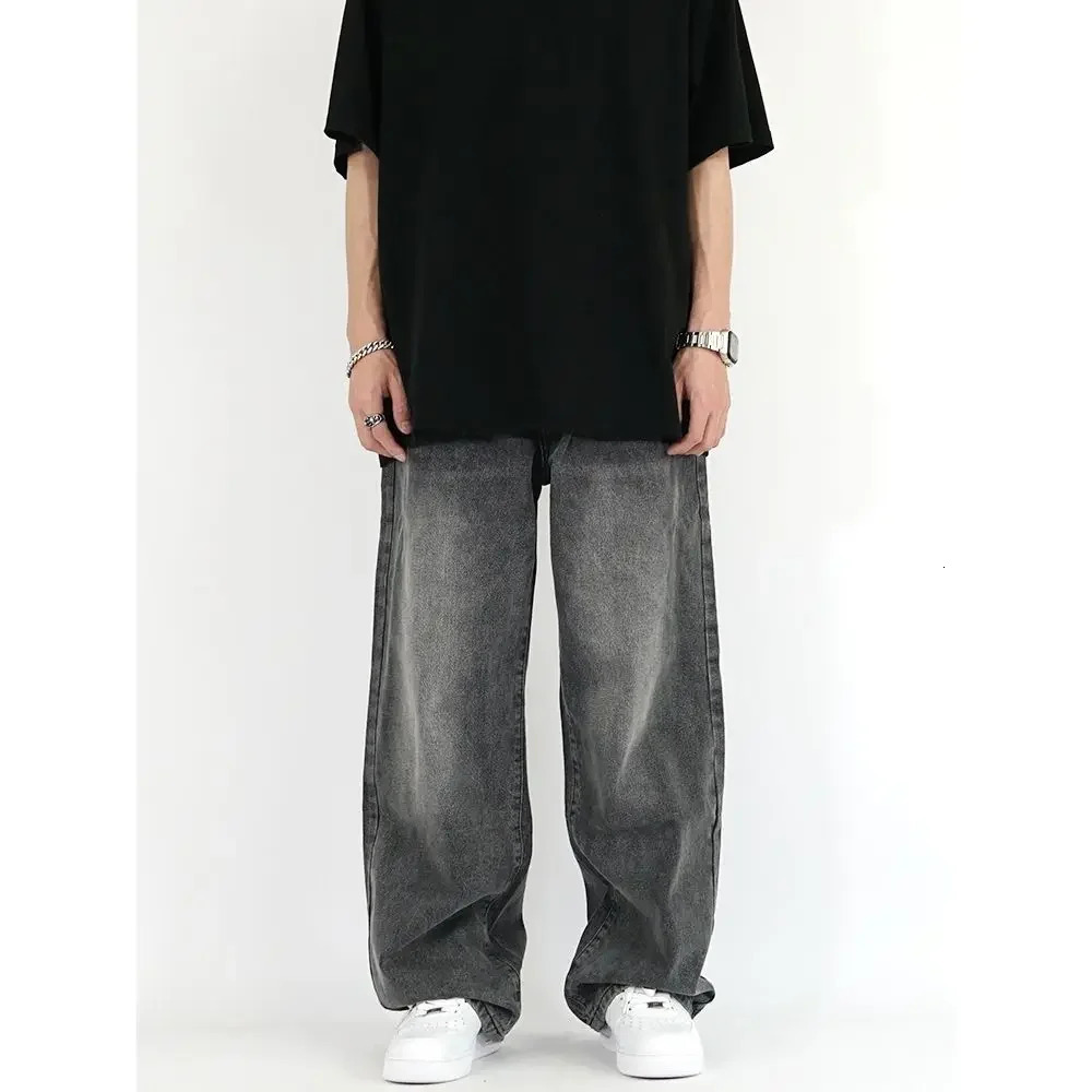 Grey Vapor Blue Smoky Elastic Waist Loosefit American Vintage Womens Jeans Straightleg Denim Pants Drop Crotch 241111