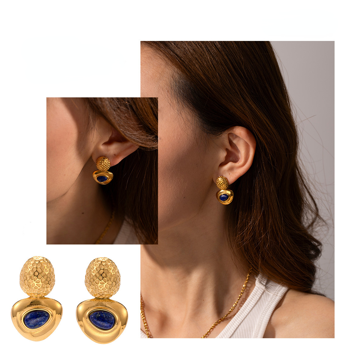 Fashionable 18k Gold Stainless Steel Earrings for Women's Lapis Lazuli Oval Hammer Pattern Connection Triangle Banquet Party Designer Earrings