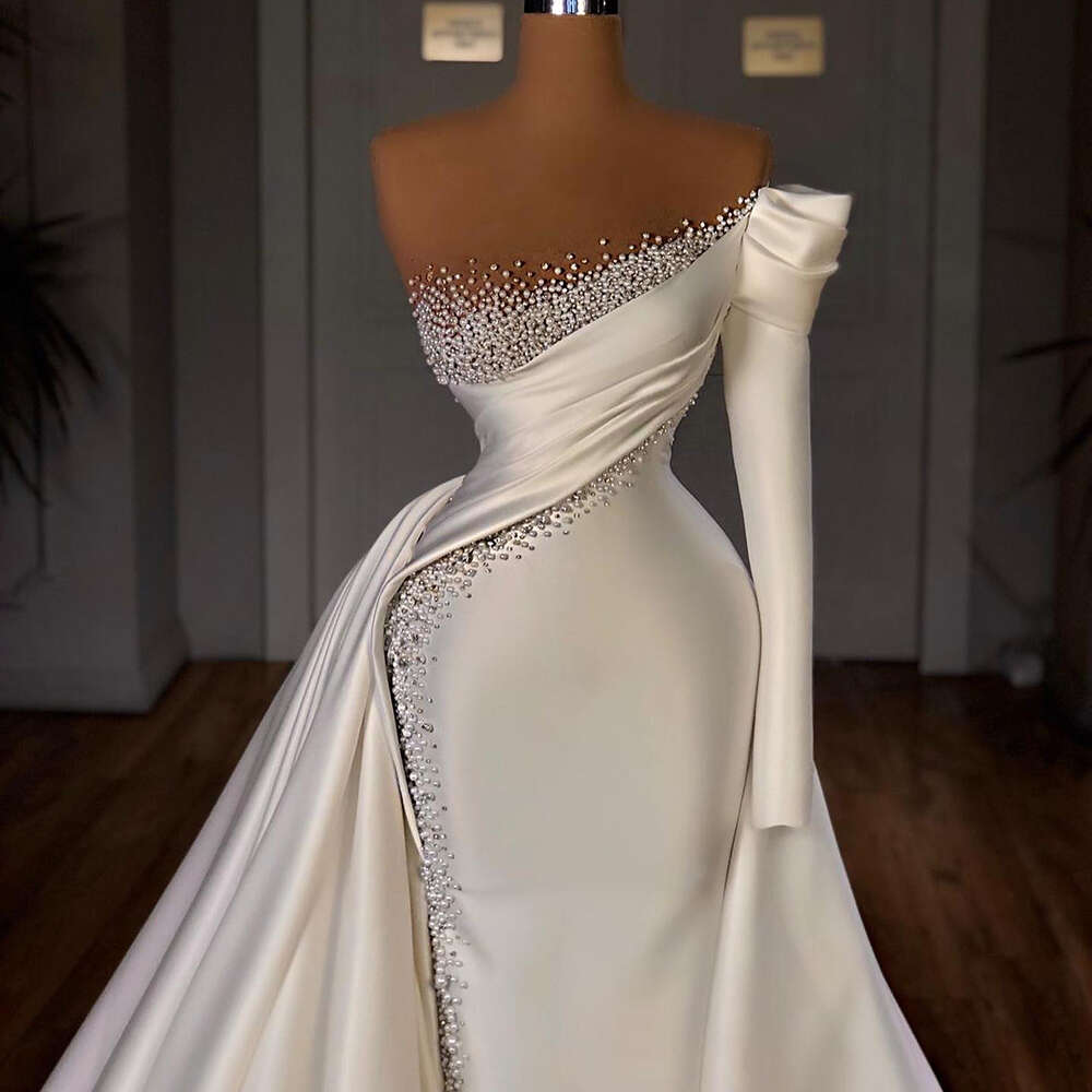 STEVDITG Elegant Women Wedding Fashion One-shoulder Pearls Mermaid Gowns Court Train White Satin Bride Dress 2023