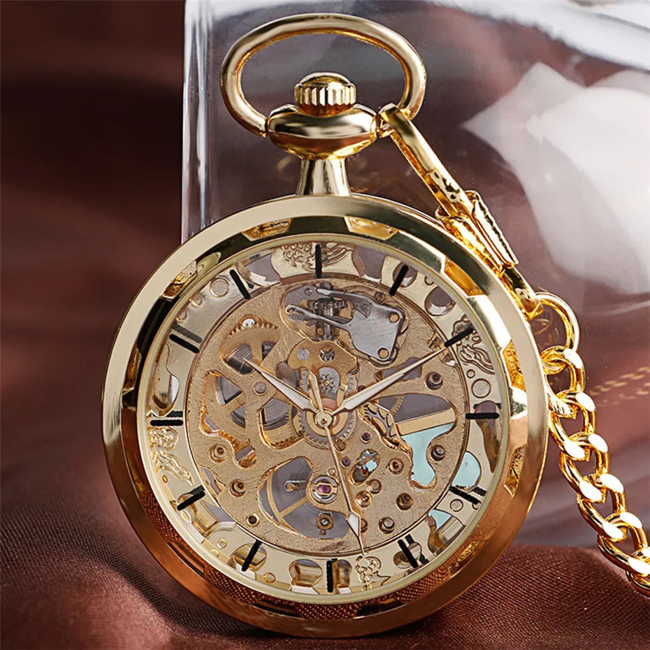 Transparent open hollow skeleton mechanical pocket watch hand cranked retro clock birthday gift with pocket chain reloj 241108