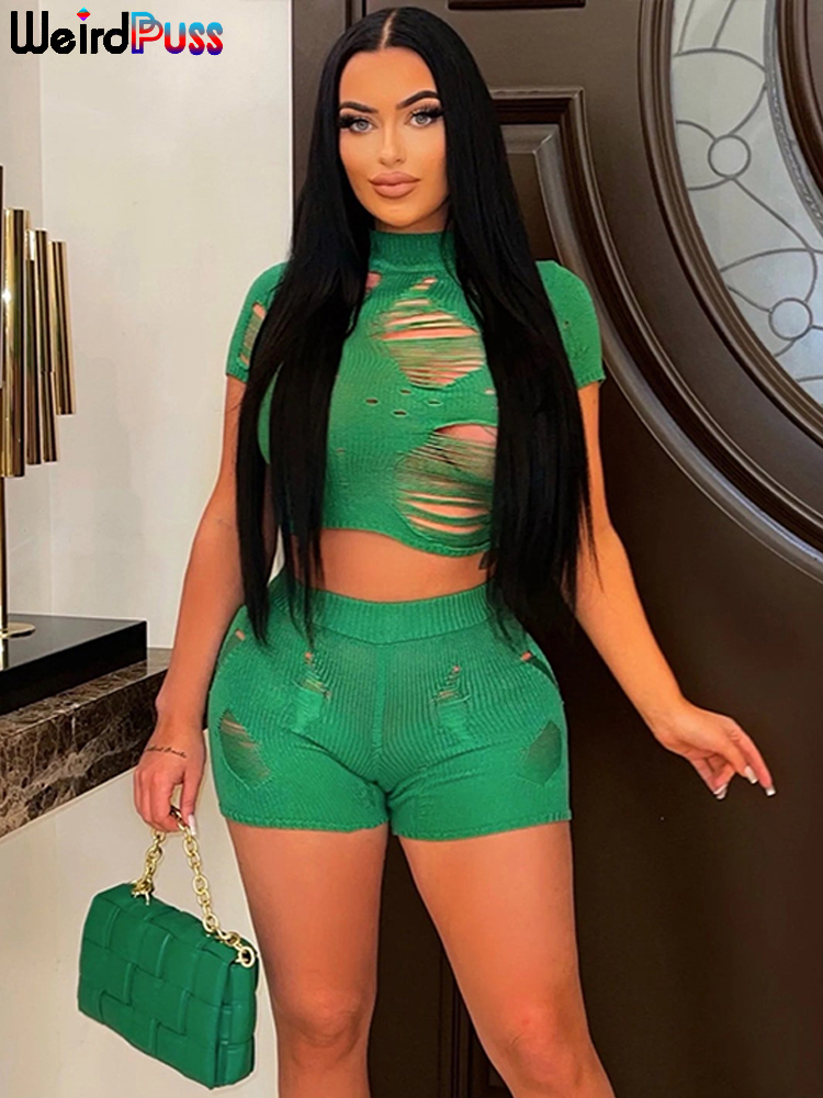 Weird Puss Knit Women Tracksuit Ripped 2Piece Set Short Sleeve Crop Tops+Bike Shorts Skinny Elastic See Through Clubwear Outfits
