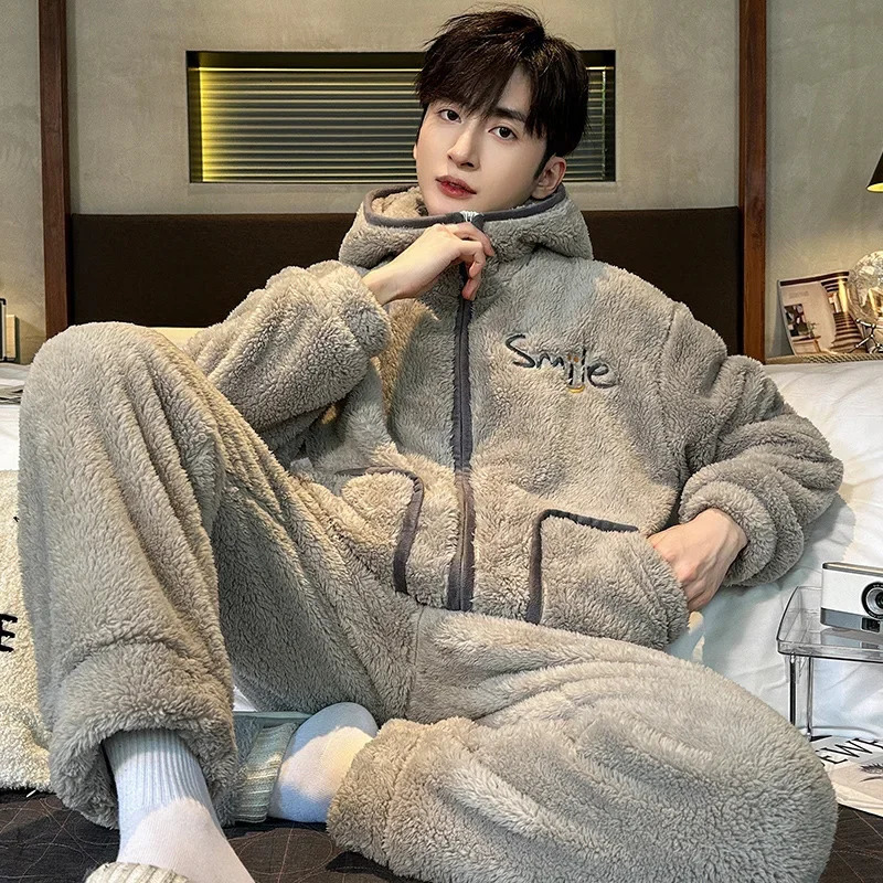 Coral Fleece Pajama Sets Men Winter Warm Sleepwear Long Sleeve Trouser Pajamas Flannel Thick Homewear Zipper Hooded 241111