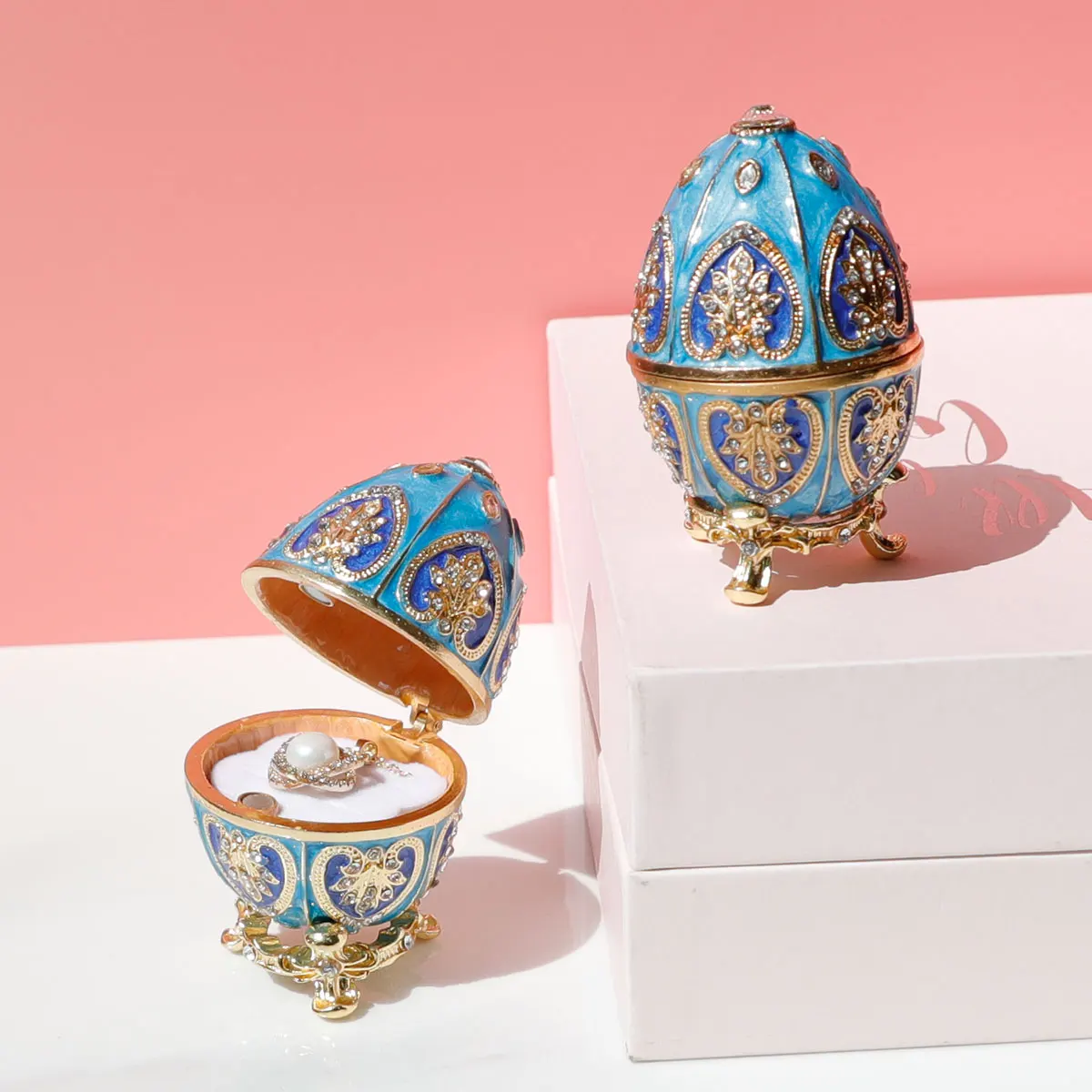 Blue Vintage Faberge Style Egg Trinket Box - Unique Hand Painted Enameled Jewelry Box, Collectible, Unique Gift for Home Decor
