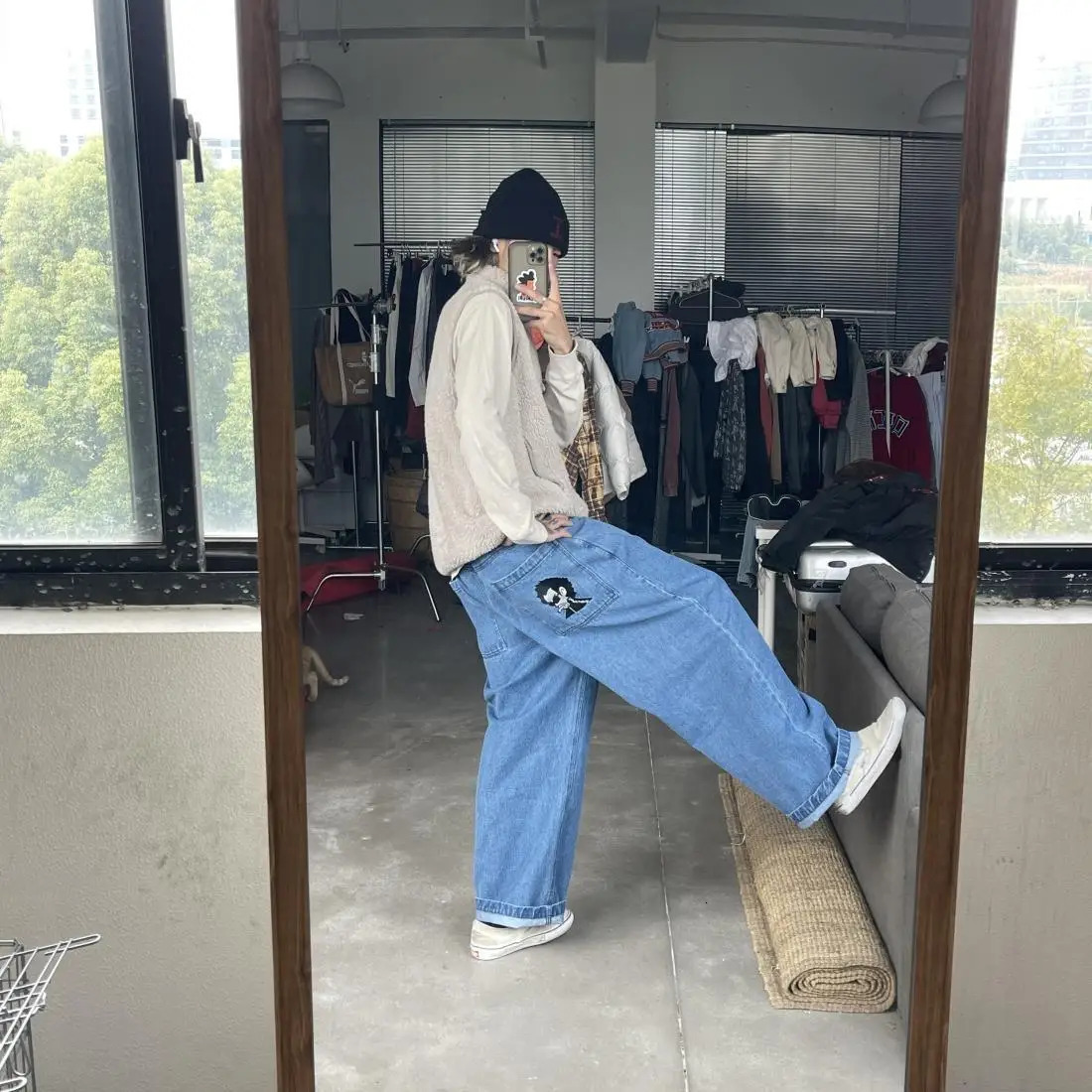 Korean fashion fashion print Y2k mens street retro hip-hop jeans casual straight wide leg mens jeans 241108