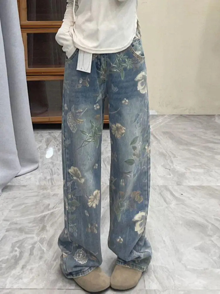 American hiphop men and women trendy retro floral print straight leg jeans for couples loose wide casual pants y2k 241111