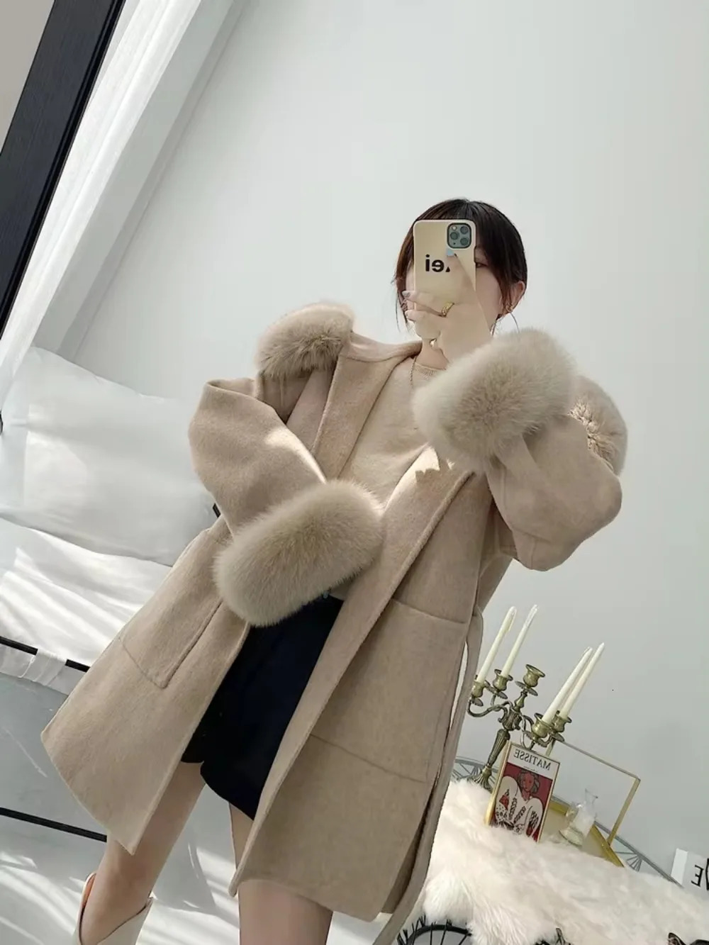 wool coat oversized womens coat winter womens natural fox fur collar sleeve jacket hood cashmere wool 241111