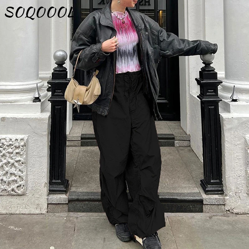 Hippie Y2K Cargo Pant Low Waist Sweatpant Drawstring Pockets Baggy Wide Leg Trousers Korean Vintage White Parachute Pants 241108