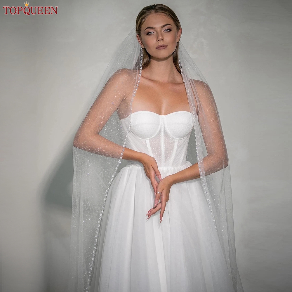 TOPQUEEN V179 Sparkling Wedding Veils for Bride Pearls Bridal Veil with Crystals Edge 1 Tier Chapel Veil with Comb Champagne