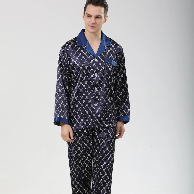Printed Silk Pajamas for Men Sleepwear Cozy Soft Smooth Long Sleeve Nightgown Tops Trousers Two Pieces Mens Pajama Set 241111