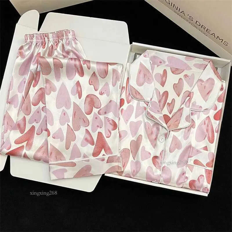 Women's Sleepwear Womens Pajamas Sets Spring Autumn 2 Piece Print Heart Pyjama Faux Silk Satin Sleepwear Long Sleeve Pijama Mujer Pjs Homewear Q5