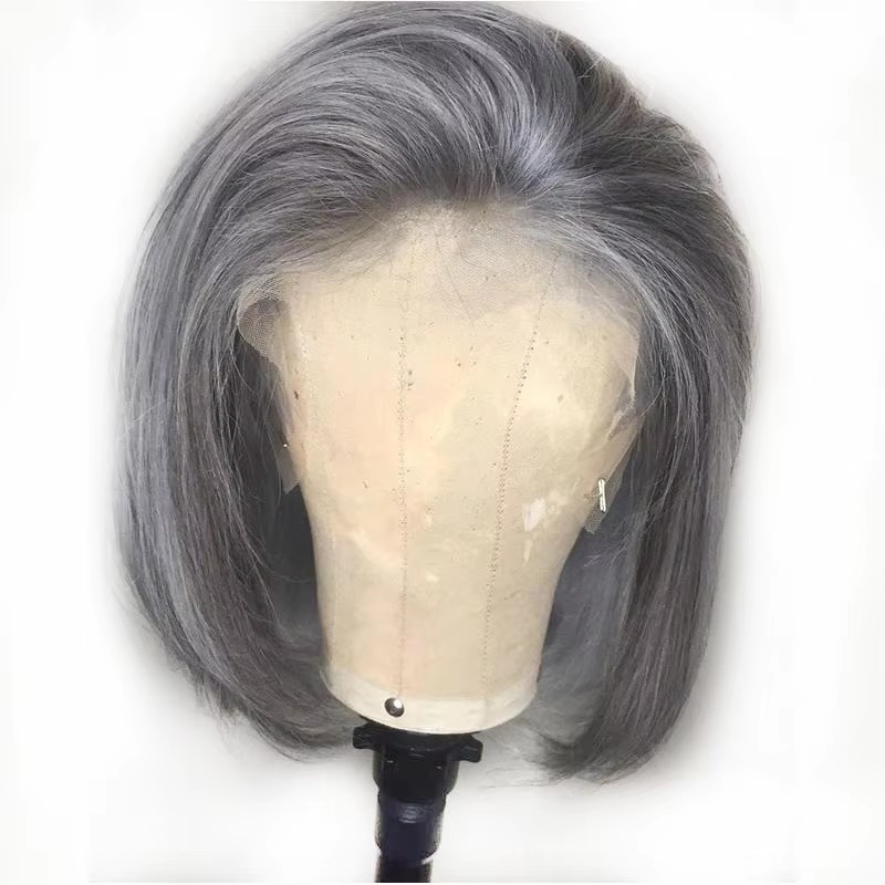 Grey Colored Human Hair Wigs Short Bob Lace Front Blunt Cut Wigs 13X4 Side Part Brazilian Gray Human Hair Pre Plucked Remy Wigs