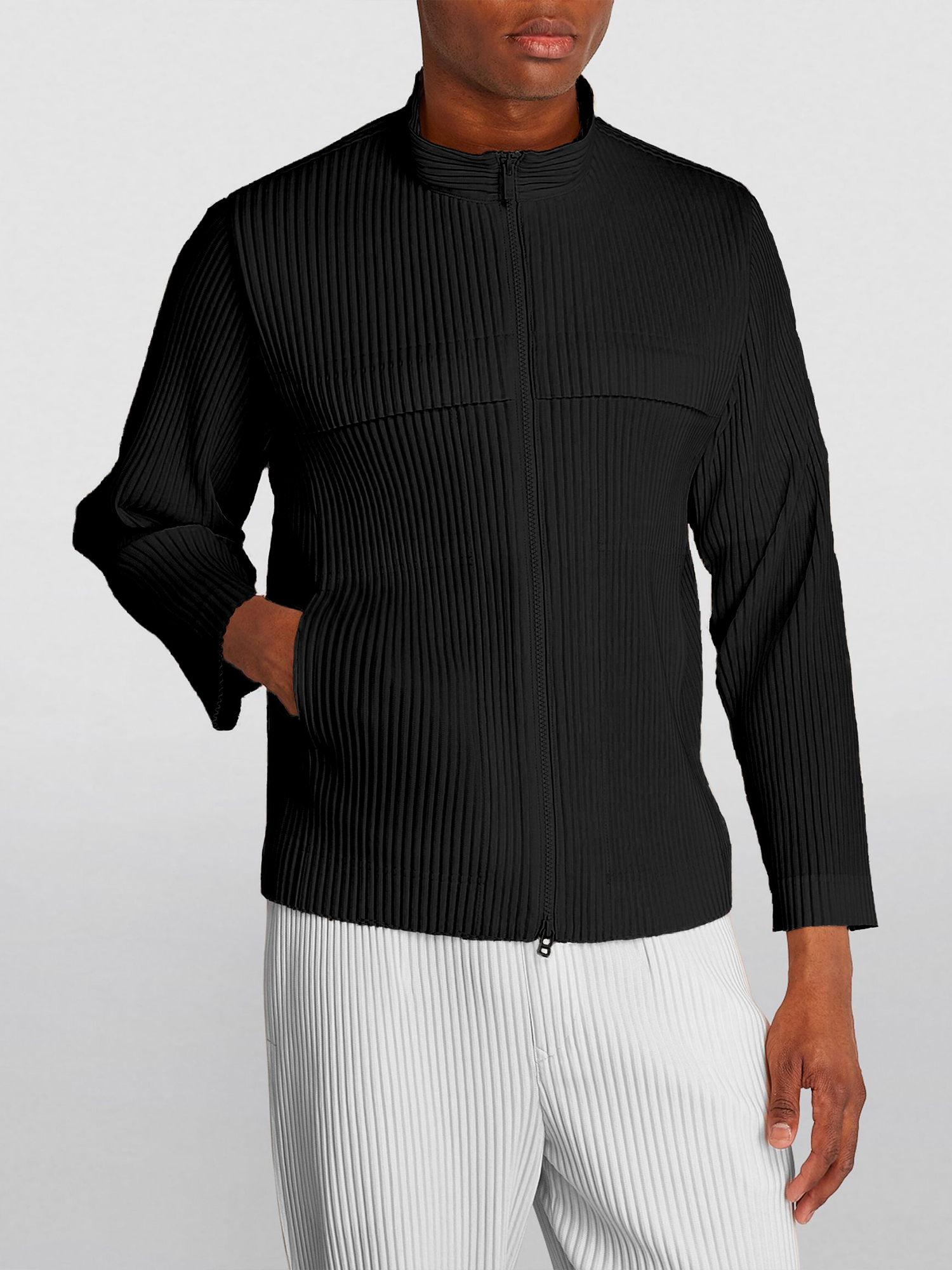 Miyake Pleated Men Jacket 2023 Spring New Solid Color Stand-up Collar Cardigan Zipper Coat
