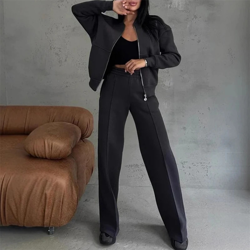 Autumn Winter Warm Two Piece Set Women Zipper Sweatshirt Coat Straight Pant Suit Outfit Casual Solid Sportswear Tracksuit 241111