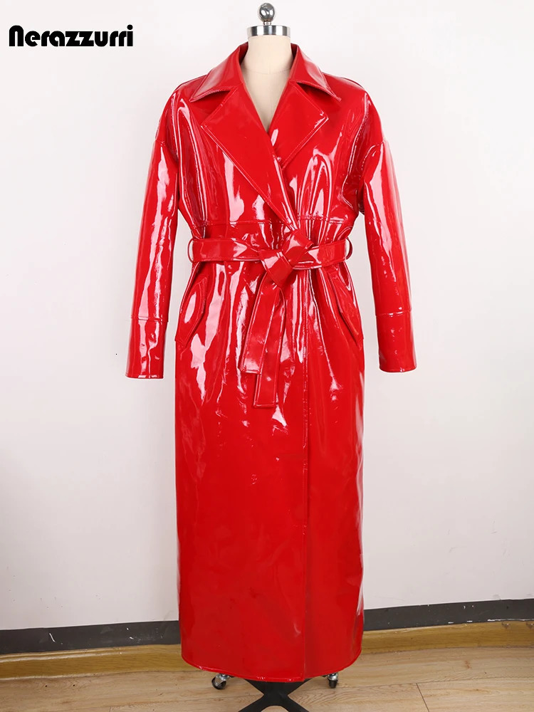 Blue and Black Legion Spring and Autumn Long Gloss Reflective Red Artificial Patent Leather Trench Coat Womens Loose Casual Runway Fashion 241107