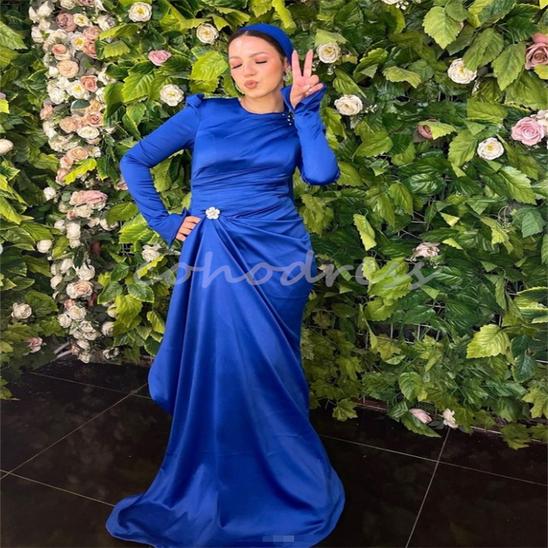 Beautiful Royal Blue Arabic Evening Dresses With Beaded Elegant Muslim Long Sleeve Prom Dress Formal Occasion Dinner Party Gowns Robe De Soiree
