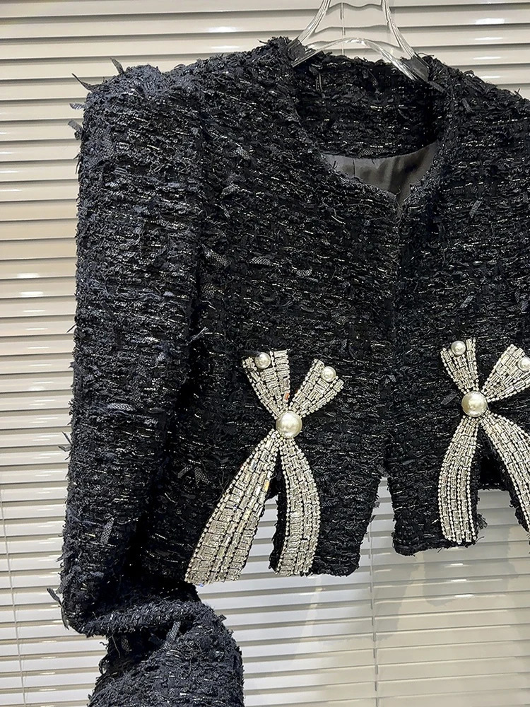 DEAT Fashion Womens Daimonds Bows Shoulder Pad Tweed Caots Autumn Items Oneck Long Sleeves Jackets Female 11XX6643 241111