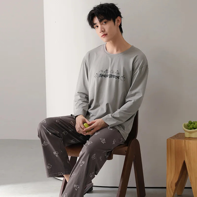 Type Pure Cotton Pajamas Suit Autumn Winter Men Longsleeved Largesize Lycra Loungewear Set Male Soft Homewear Gents 241111