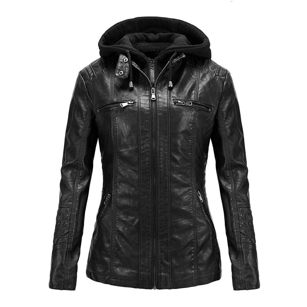 shanshi leather jacket women Long sleeved motorcycle PU women's short detachable hooded slim fit leather jacket