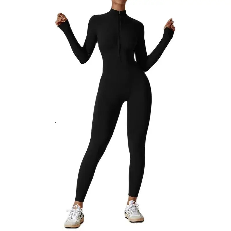 Women Jumpsuits One-Piece Suit Zipper Long Sleeved Yoga Set Gym Push Up Workout Clothes Fitness Bodysuit Tight fitting Tracksuit 241111