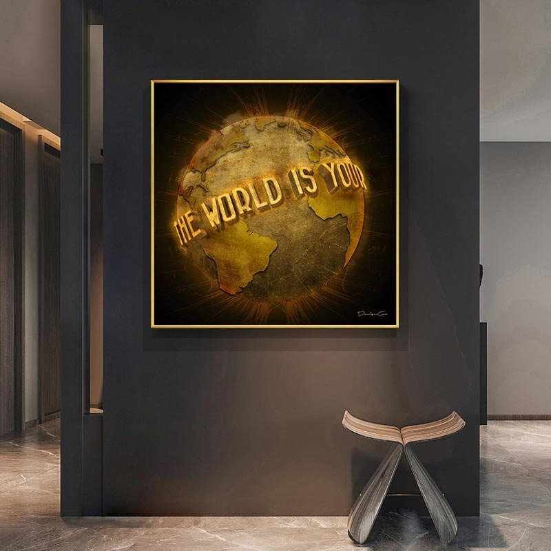 The World Is Yours Golden Scarface Canvas Square Poster Inspirational Wall Art Pictures Canvas Painting Living Room Home Decor