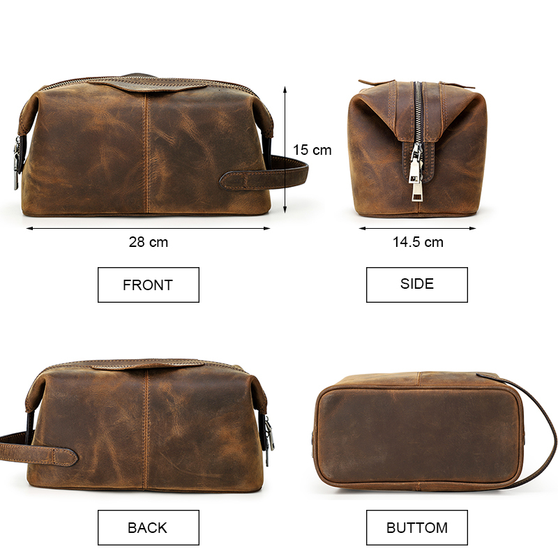 Contact's Men Hanging Cosmetic Bag Crazy Horse Leather Travel Makeup Case Zipper Organizer Storage Pouch Vintage Toiletry Bags Leather