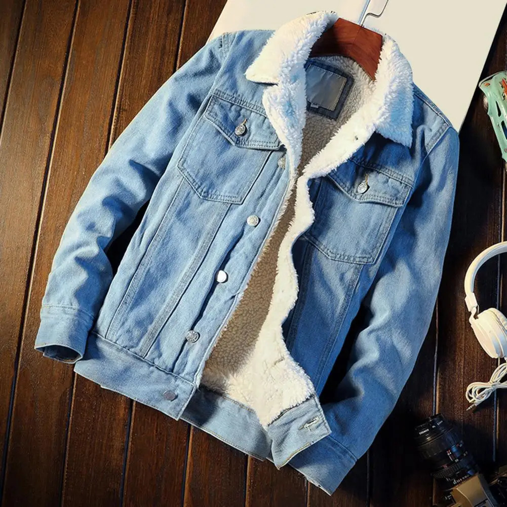 Super soft trendy lapel button up denim jacket winter mens denim jacket solid color office uniform 241108