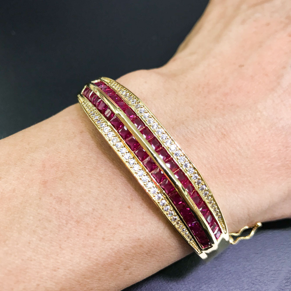 CSJ Ruby Bangle Created Red Corundum Bracelet Yellow Gold for Women Lady Party Birthday Trendy Jewelry Gift