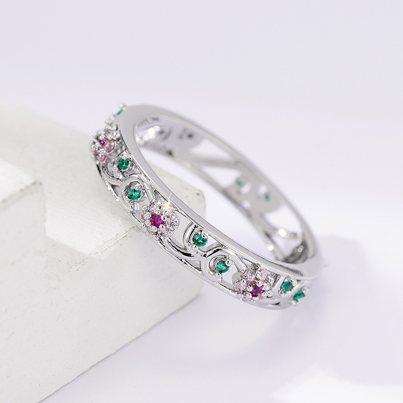 Classic 925 Sterling Silver Flower Ring Purple Diamond Ring Green Crystal Solitaire Ring Luxury Wedding Ring Party Dress Jewelry