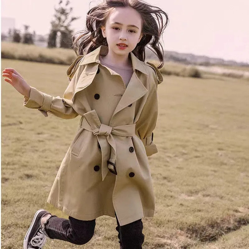 4-12 Years Teen Girls Long Trench Coats Fashion England Style Windbreaker Jacket For Girls Spring Autumn Childrens Clothing 241111