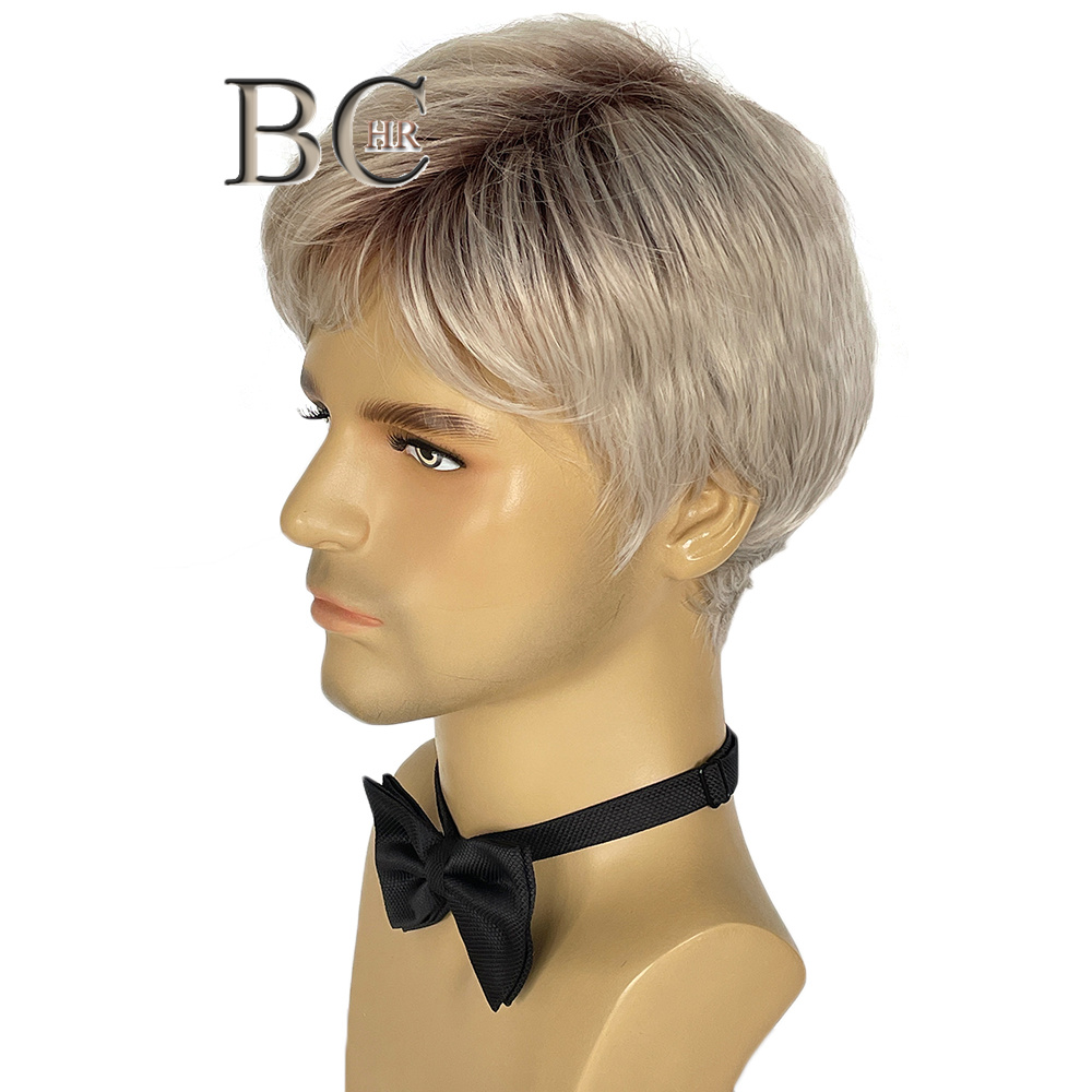 BCHR Short Men Blonde Wigs Synthetic Natural Straight Ombre Brown Roots Side Part Hairline Bangs Male Wig