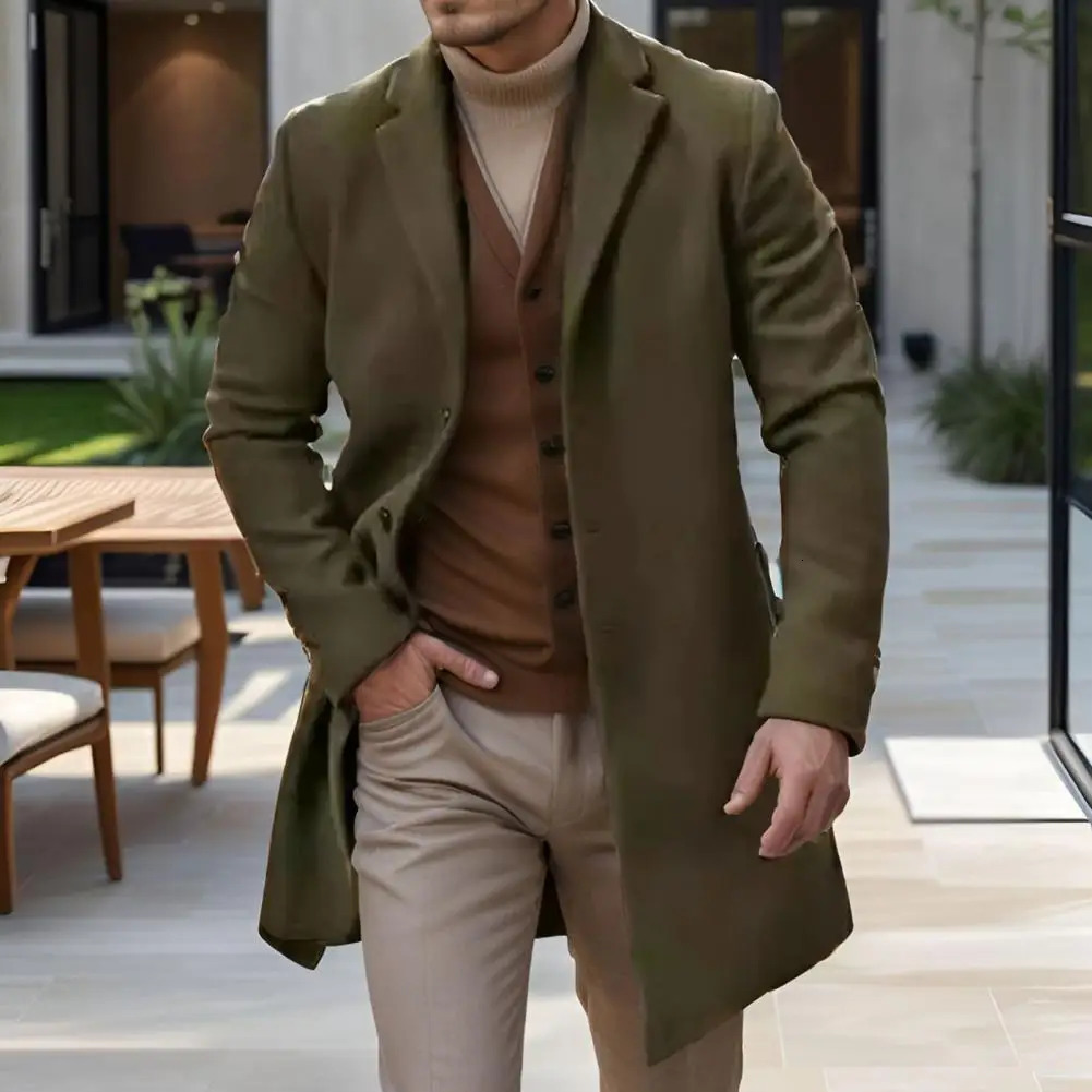 Long-sleeved Coat Stylish Mens Woolen Coat With Lapel Single-breasted Closure Solid Color Mid-length For Autumn 241111