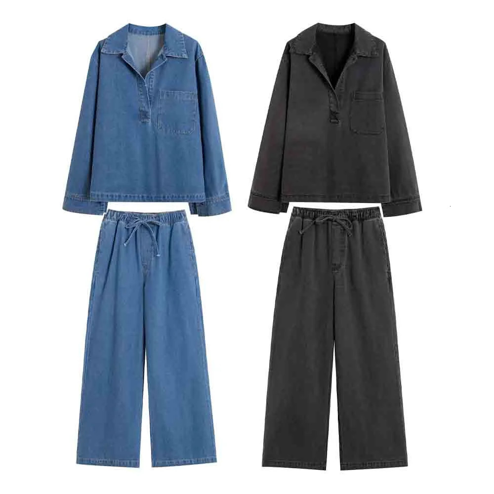 UNIZERA Autumn Product Fashion Womens Loose Casual Collar Long Sleeve Cowboy Top Drawstring Wide Leg Pants Set 241111