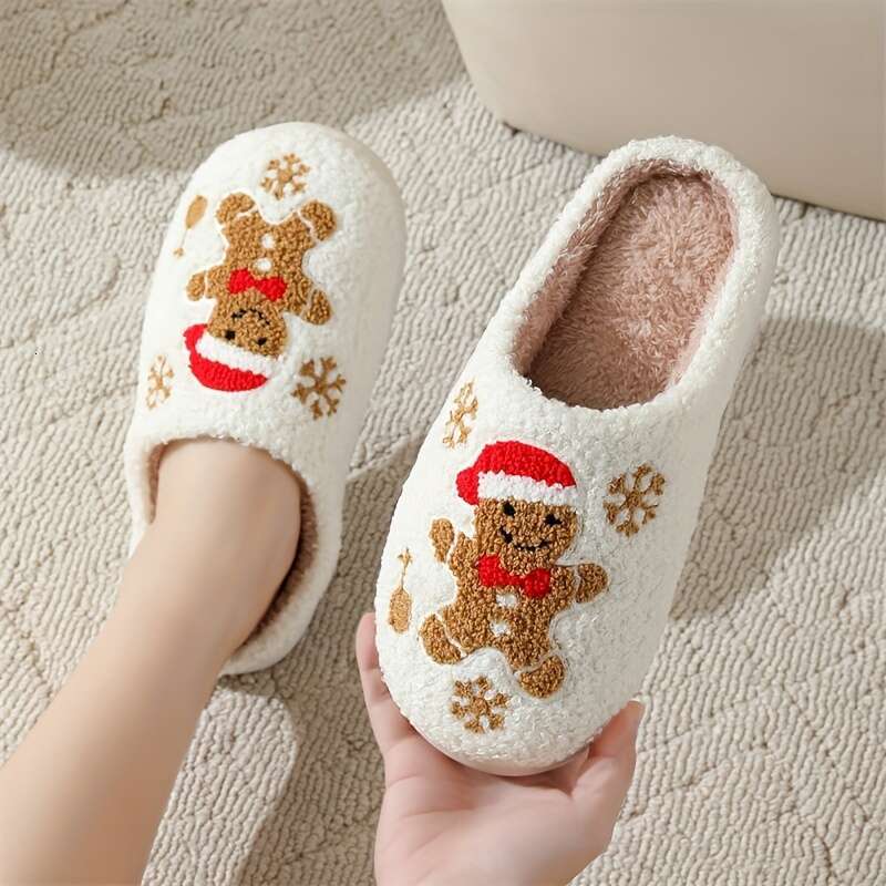 Christmas Gingerbread Man Cartoon Pattern Slippers for Men and Women - Casual Fabric Indoor Footwear with TPR Sole, Universal Fit, Round Toe, All-Seas