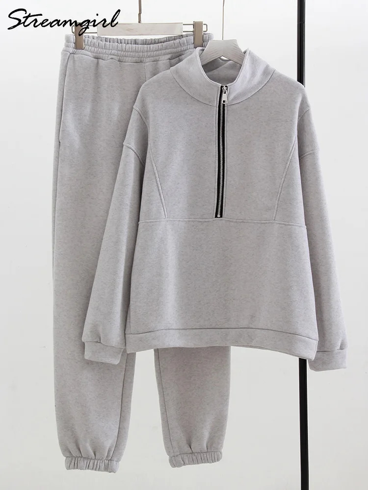 Gray Warm Fleece Suit For Women Winter Thick Veet Pants Sets Sweatpants Sweatshirt Ladies Warrn Tracksuit Two Piece Set 241111 B4