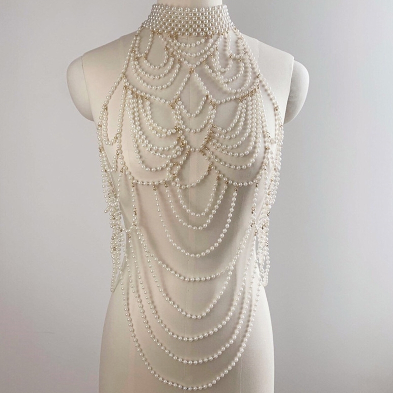 Women Layered Fake Collar Pearl Bib Necklace Ruffle Collar With Beads Pearl Collar Tassel Jewelry Necklaces And Shoulder Chain