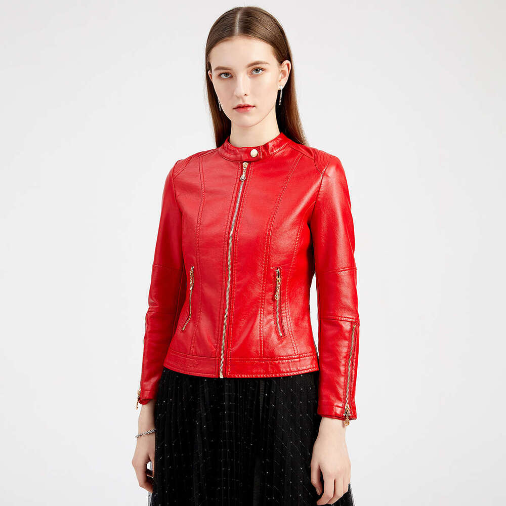 shanshi leather jacket women New fashion women's PU short stand collar Women's spring and autumn thin navy blue leather jacket