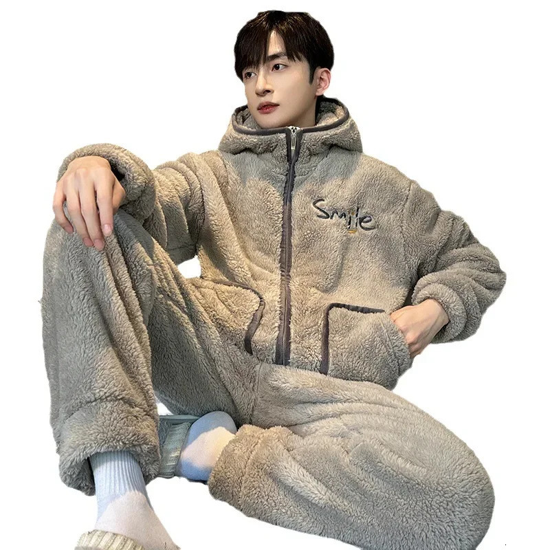Coral Fleece Pajama Sets Men Winter Warm Sleepwear Long Sleeve Trouser Pajamas Flannel Thick Homewear Zipper Hooded 241111