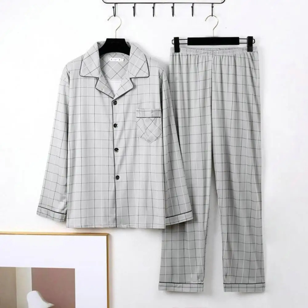 2PcsSet Men Fall Winter Pajamas Set Striped Plaid Print Lapel Long Sleeve Wide Leg Homewear Clothes Shirt Pants 241111