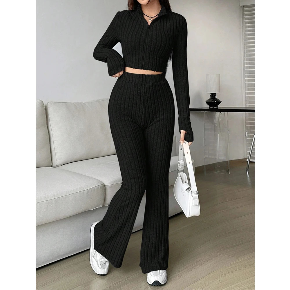 Mia Muse Womens Autumn Simple Solid Color Long Sleeve V-Neck Casual Set And Coordination 241111