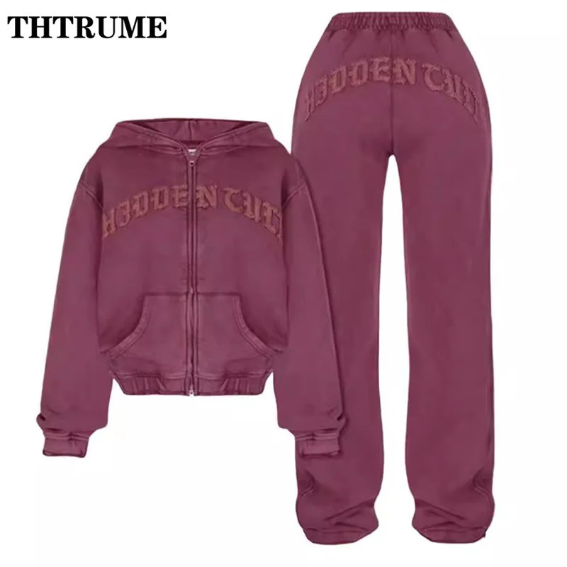 Vintage Y2K Women Two Piece Sets Autumn Zipper Letter Hoodies Harajuku Pant Outfits Casual Gothic Aesthetic Streetwear 241111