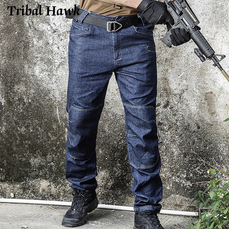 Men Tactical Pants Combat Denim Work Jeans Cargo Spring Casual Male Trousers Multi Pockets 241111