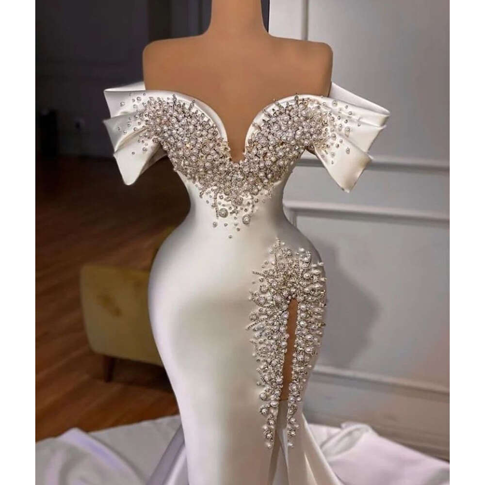 STEVDITG Elegant Women Wedding Satin Fashion Sweetheart Pearls Beading Side Slit Court Train Mermaid Gown Bride Dress