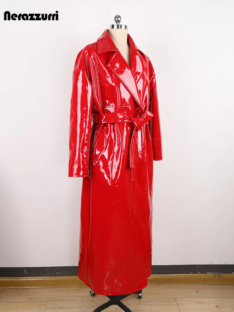 Blue and Black Legion Spring and Autumn Long Gloss Reflective Red Artificial Patent Leather Trench Coat Womens Loose Casual Runway Fashion 241107